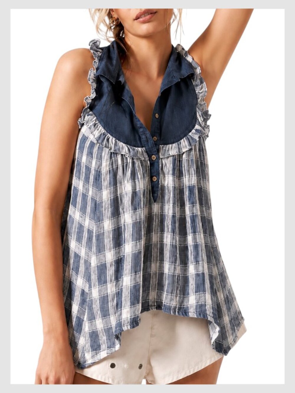 Anthropologie Pilcro Seaside Swing Blouse Blue Plaid Cotton Size M